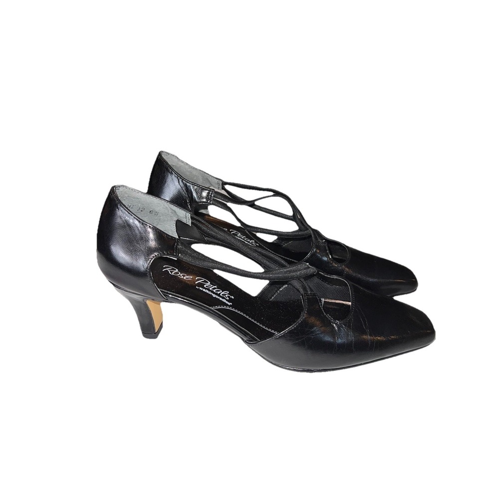 Rose Petals Black Leather Strappy Heels Size 6M EUC Vintage Aesthetic Pumps